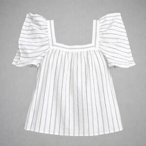 Vince Camuto Womens Striped Flutter Sleeve Square‎ Neck Metallic Blouse White M